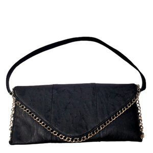 Black Leather  Envelope Clutch with Chain Edging Bag.